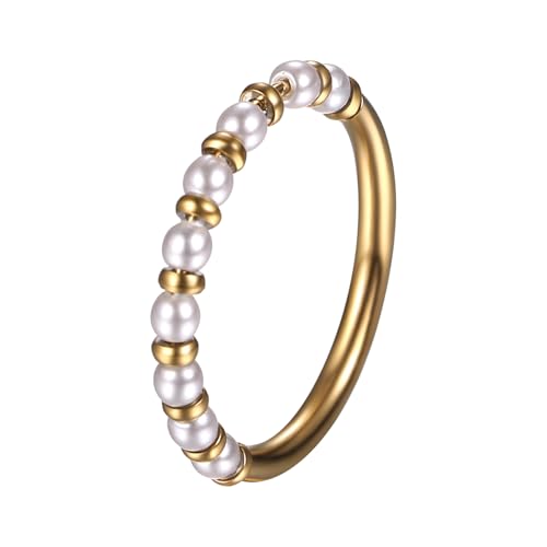 Cupimatch Damen Ring mit Perlen: Feiner Stapelring mit 3mm Süßwasserperlen Edelstahl Schmuckring Elegantes Design Goldener Verlobungsring Valentinstag Geburtstagsgeschenk für Frauen Mädchen, Größe 57 von Cupimatch