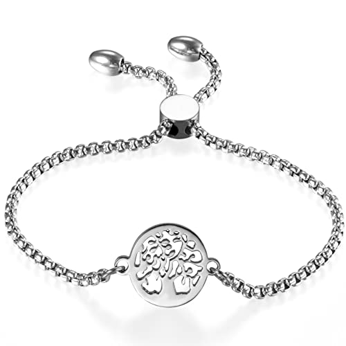 Cupimatch Damen elegant Edelstahl Charm Armband Armreifen silber, Verstellbares Lebensbaum Armkettchen von Cupimatch