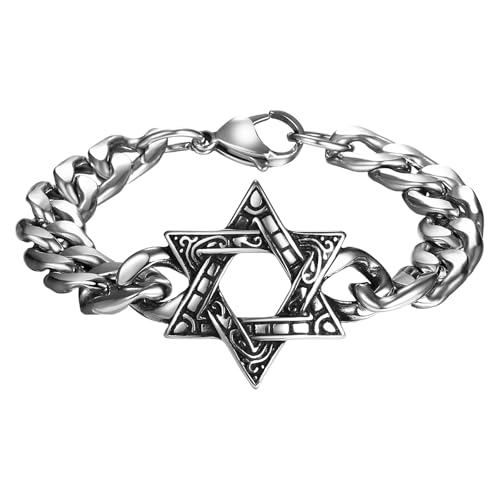 Cupimatch Davidsstern Armband Herren Edelstahl: Vintage Zionsstern Hexagramm Panzerarmband Retro Punk Breites Herrenarmband 11,6mm Star of David Armkette Amulett Schmuck für Männer Junge Vater von Cupimatch