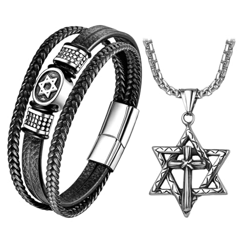 Cupimatch Davidsstern Kreuz Schmuck Set: Vintage Edelstahl Hexagramm Anhänger Halskette Punk Rock Lederarmband mit Magnetverschluss Religiöser Schmuck für Männer Frauen von Cupimatch
