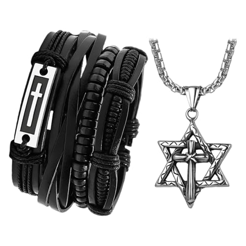 Cupimatch Davidsstern Kreuz Schmuck Set: Vintage Edelstahl Hexagramm Anhänger Halskette Christliches Mehrlagiges Lederarmband Religiöser Schmuck für Männer Frauen, Schwarz von Cupimatch