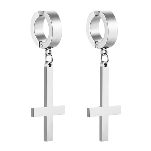 Cupimatch Ear Cuff Kreuz Fake Ohrringe: Ohrringe ohne Ohrloch Inverted Cross Ohrhänger Edelstahl Ohrclips Gothic Ohrstecker Upside Down Kreuz Ohrklemme für Herren Damen von Cupimatch