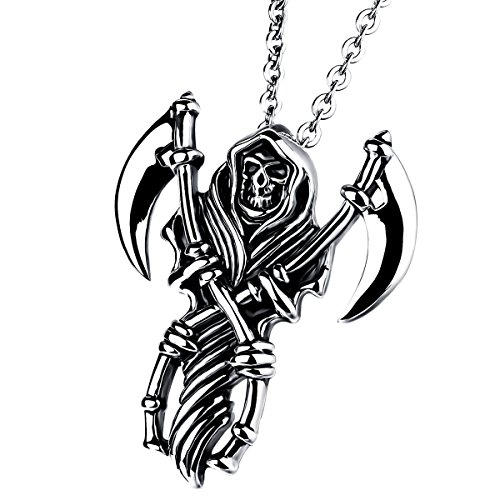 Cupimatch Edelstahl Totenkopf Azrael Sichel Anhänger mit 55cm Kette, Tod Schädel Halskette für Herren, schwarz silber, Halloween Geschenk von Cupimatch