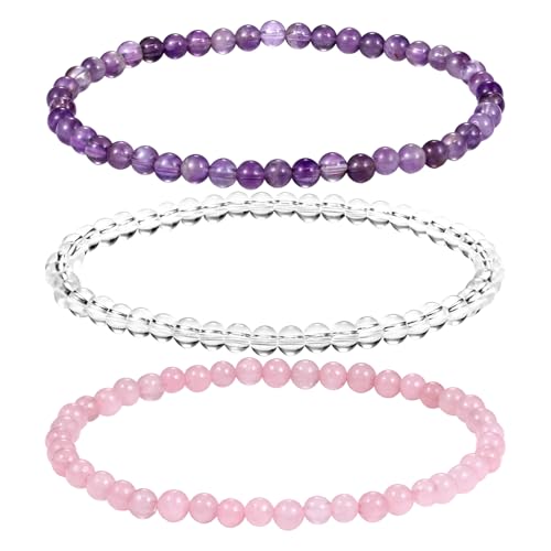 Cupimatch Edelstein Perlen Armband Set: 4mm Elegant Natürlicher Heilstein Damenarmband 3 Stück Stapelbares Kristallarmband Elastisches Chakra Perlenarmband Yoga Meditation Armreifen für Frauen Mädchen von Cupimatch