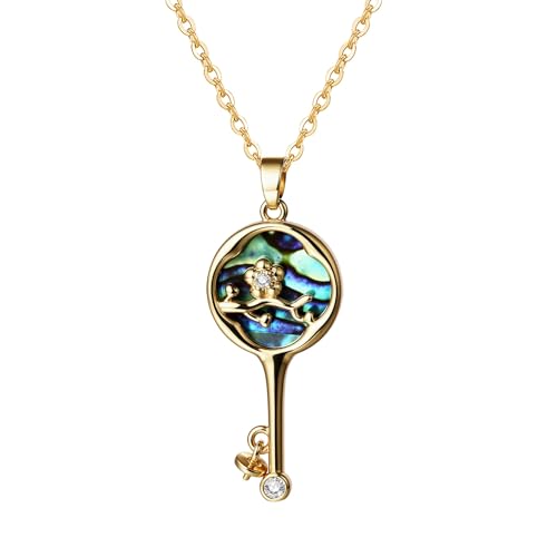 Cupimatch Elegant Schlüssel Halskette Damen: Abalone Muschel Anhänger mit goldfarbener Kupferblume und Zirkonia 45 CM Edelstahl Kette Glücksbringer Schmuck Geschenk für Mutter Frau Freundin von Cupimatch