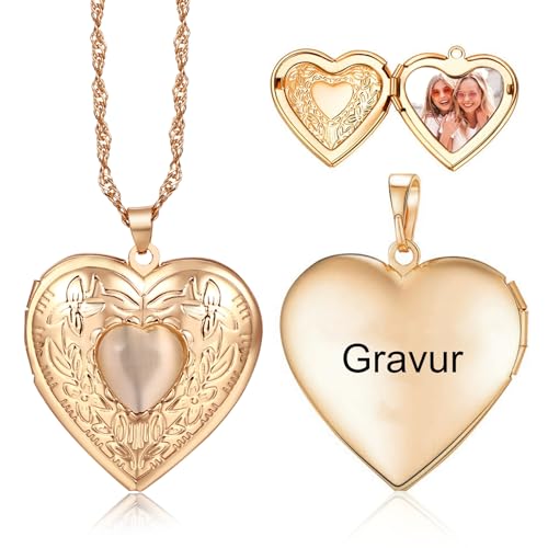 Cupimatch Fotoanhänger Medaillon zum Öffnen: Personalisierte Herz Kette Bilder Foto Anhänger Kette Damen Amulett Halskette mit 45cm Kette Gold von Cupimatch