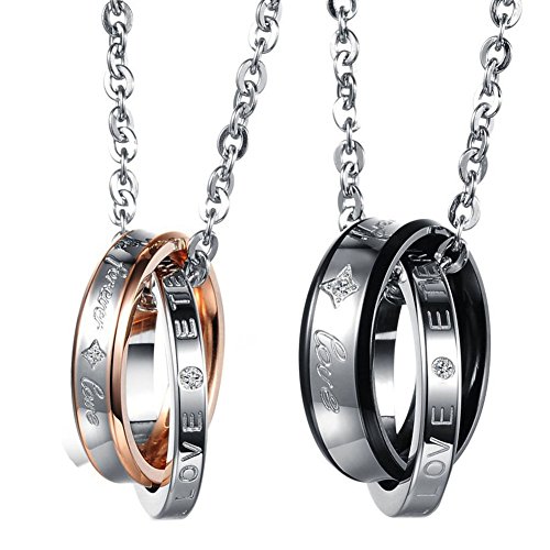 Cupimatch Freundschaftskette Partnerkette Doppelte Ringe: Pärchen Kette Paar Edelstahl Anhänger Halskette mit Gravur FOREVER LOVE Partner Schmuck für Männer Frauen von Cupimatch