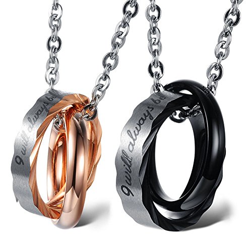 Cupimatch Freundschaftskette Partnerkette Doppelte Ringe: Pärchen Kette Paar Edelstahl Anhänger Halskette mit Gravur I WILL ALWAYS BE WITH YOU Schmuck für Männer Frauen von Cupimatch