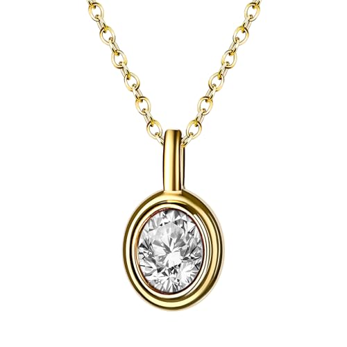 Cupimatch Geburtsstein Halskette Damen: Glänzender Oval Anhänger mit Weißem Kristall 45cm+5cm Kette Elegant Monatsstein Damenkette April Geburtstag Schmuck Amulett Geschenk für Frauen Mädchen Mutter von Cupimatch