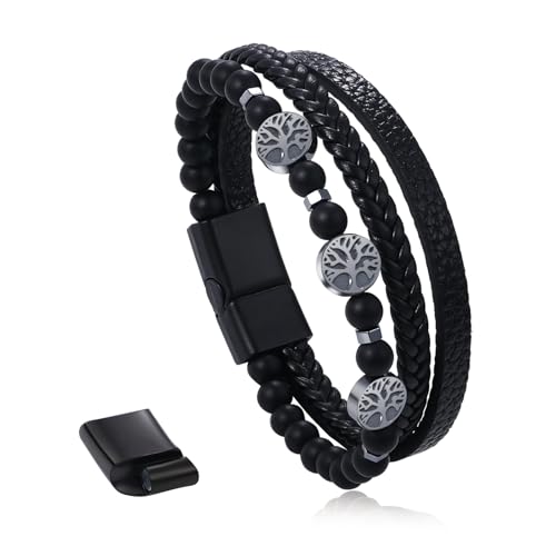 Cupimatch Geflochtenes Lederarmband für Herren: Schwarzes Lebensbaum Armband aus Edelstahl mit Perlenmanschette Onyx Stein Magnetverschluss Geschenk für Geburtstag Vatertag von Cupimatch