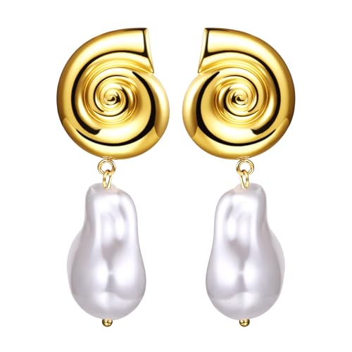 Cupimatch Goldene Muschel Ohrringe Damen: Elegant Edelstahl Muschelohrringe Spiralförmige Ohrstecker Barock perlenohrhänger leicht Tropfenohrringe Sommer Meeresschmuck Geschenk Für Frauen Mädchen von Cupimatch