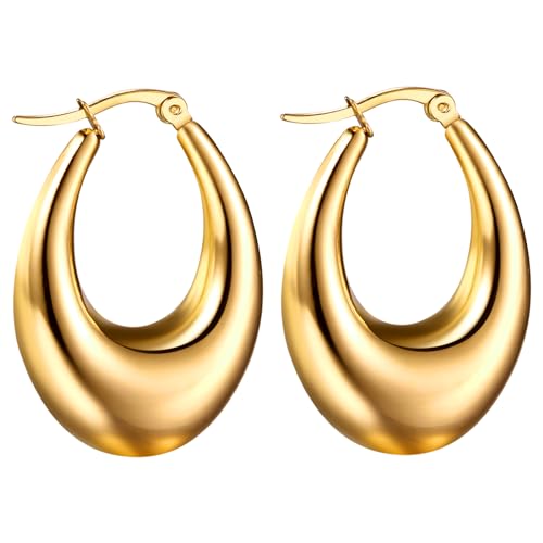 Cupimatch Große Creolen Ohrringe Damen: Elegant Glänzend Edelstahl Dicke Breite Tropfenohrringe Schwerer Hochglanz Hoops Ohrstecker Ohrhänger Wassertropfen Kreolen Schmuck für Frauen Mädchen, Gold von Cupimatch