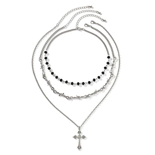 Cupimatch Gothic Kreuz Halskette Damen: Vintage Schwarzen Glasperlen Dreifach Ketten mit Stacheldraht Verstellbare Edelstahl Damen Choker Vampir Halsschmuck für Halloween Party Karneval von Cupimatch