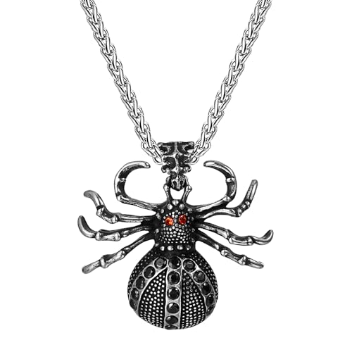 Cupimatch Gothic Spinnen Halskette Herren: Retro Punk Spinnen-Anhänger mit Roten Zirkonia Augen 60cm Edelstahl Vintage Herrenkette Schwarz Spinnenschmuck für Halloween Party Karneval Cosplay Festival von Cupimatch