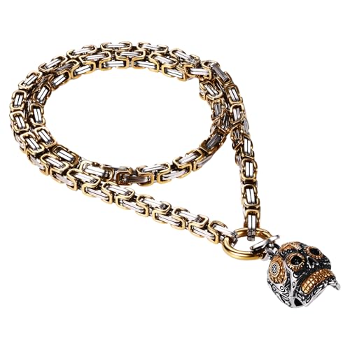 Cupimatch Gothic Totenkopf Halskette Herren: Vintage Kreuz Schädel Anhänger mit Heavy Chunky Byzantinische Kette Schwerer Edelstahl Königskette Kette Männer-Schmuck für Party Karneval Cosplay, Gold von Cupimatch