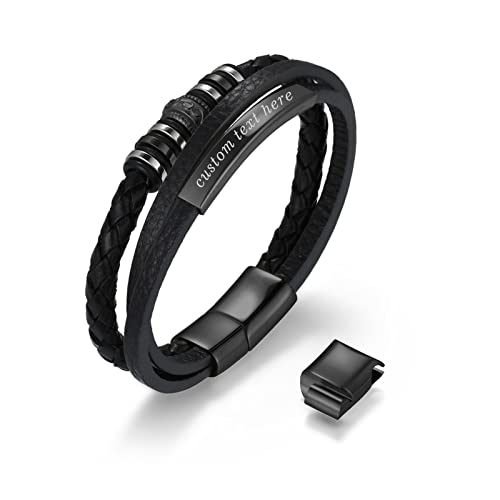 Cupimatch Gravurbar Echtleder Herren Armband mit Magnet Verschluss, Schwarz von Cupimatch