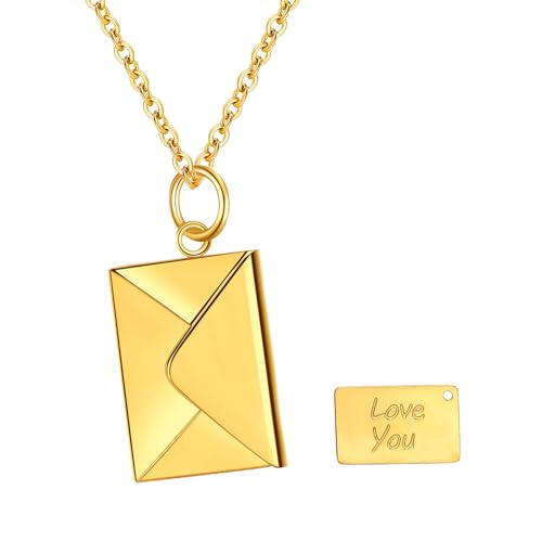 Cupimatch Halskette Damen Liebesbrief Umschlag: Kette Medaillon zum Öffnen Edelstahl Damenhalskette Anhänger mit Gravur Love You Gedenk Versprechens Amulett Schmuck für Mädchen Damen Mutter von Cupimatch