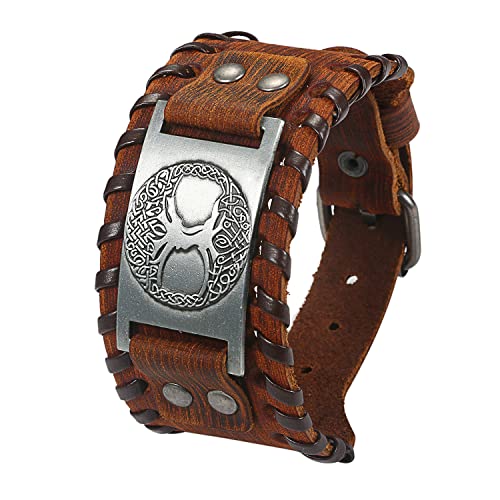 Cupimatch Herren Armband Braun Retro Breites Metall Wikinger Armband Herren PU Leder Armband Punk Style Armbänder Breiter Gürtel Manschette Armreif Rock Wrap Bracelet für Männer Junge von Cupimatch