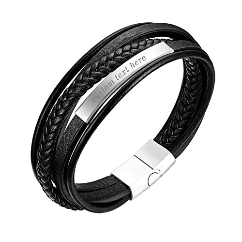 Cupimatch Personalisiertes Armband mit Gravur für Männer Vintage Glänzend Herren Armband Mehrschichtige Geflochtene Lederschnur Edelstahl Herrenarmband Gravierbar Länge 21 cm von Cupimatch