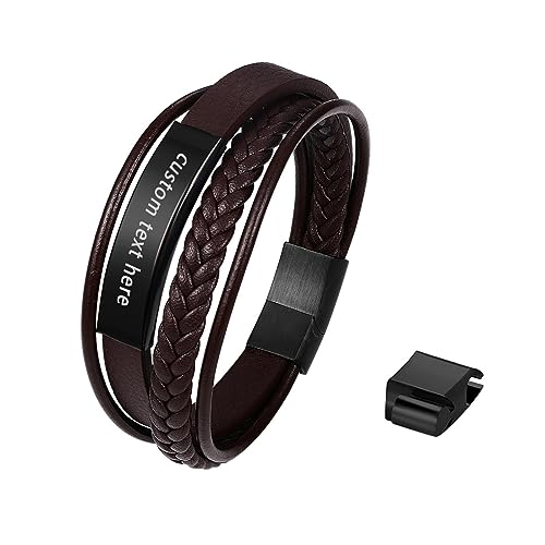 Cupimatch Personalisiertes Armband mit Gravur für Männer Vintage Glänzend Herren Armband Mehrschichtige Geflochtene Lederschnur Edelstahl Herrenarmband Gravierbar Länge 21 cm von Cupimatch