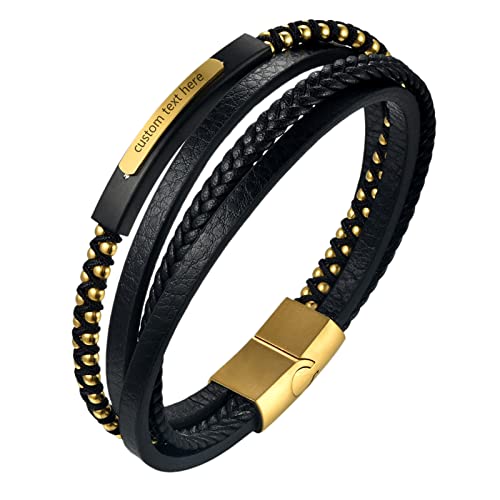 Cupimatch Herren Armband Edelstahl Echtleder Geflochten Mit Magnet Verschluss, Gold Gravurbar von Cupimatch