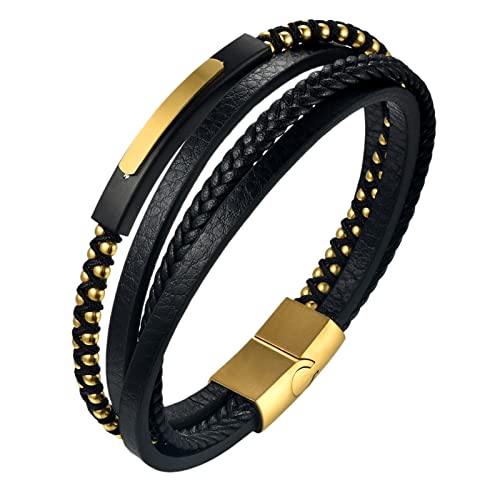 Cupimatch Herren Armband Edelstahl Echtleder Geflochten Mit Magnet Verschluss, Gold von Cupimatch