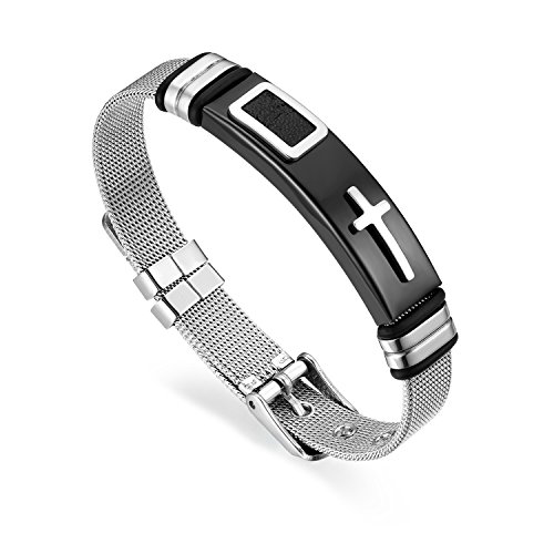 Cupimatch Kreuz Armband Herren Armkette Mesh Armreif Männer Handgelenk Schmuck Länge Verstellbar 17-21,5cm für Jungen, Silber von Cupimatch