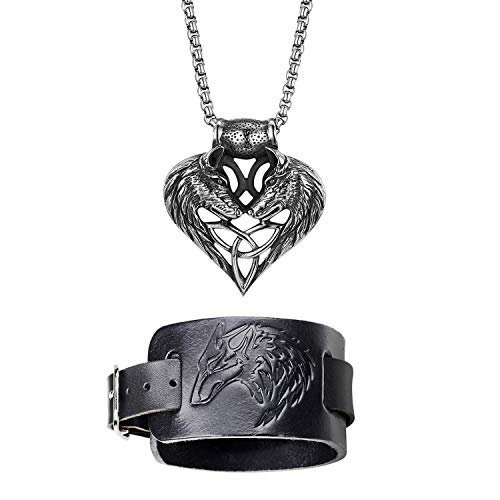 Cupimatch Wolfskopf Schmuckset Herren Lederarmband Breit Edelstahl Halskette Schmuck Set für Männer von Cupimatch