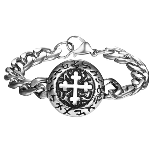 Cupimatch Herren Armband Kreuz Edelstahl: Vintage Panzerarmband mit Runen Religiöses Medaillon Armkette Breites Armreif 11,6mm Retro Punk Herrenarmband Christliches Amulett Schmuck für Männer Vater von Cupimatch