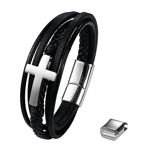 Cupimatch Herren Armband Kreuz Lederarmbänder Silber Mehrschichtiges Geflochtenes Leder Edelstahl Armband Gotik Punk Rock Manschette Armreif mit Karte Geschenke für Sohn von Cupimatch