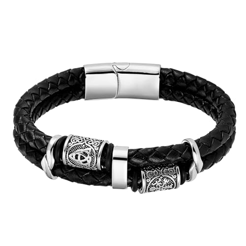 Cupimatch Herren Armband Leder Zweireihig: Geflochtenes Perlen Lederarmband Mehrschichtige Armbänder mit Schnalle Armschmuck Geschenk für Männer Junge von Cupimatch