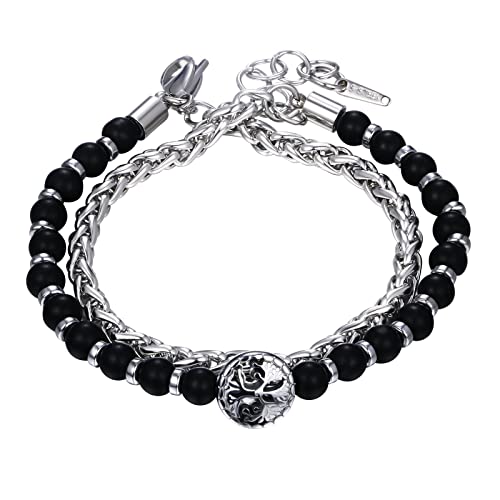 Cupimatch Herren Armband Punk Rock Gothic Armreif Herren Silber Schwarz Edelstahl Totenkopf Schädel Leder Armband Perlenarmband für Männer von Cupimatch