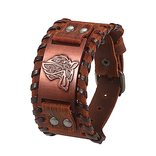 Cupimatch Herren Armband Retro Breites Metall Wikinger Armband Braun Herren Leder Armband Punk Style Armbänder Breiter Gürtel Manschette Armreif Rock Wrap für Männer Junge von Cupimatch