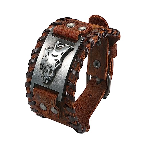 Cupimatch Herren Armband Retro Breites Metall Wikinger Armband Herren PU Braun Leder Armband Punk Style Armbänder Breiter Gürtel Manschette Armreif Rock Wrap für Männer Junge von Cupimatch