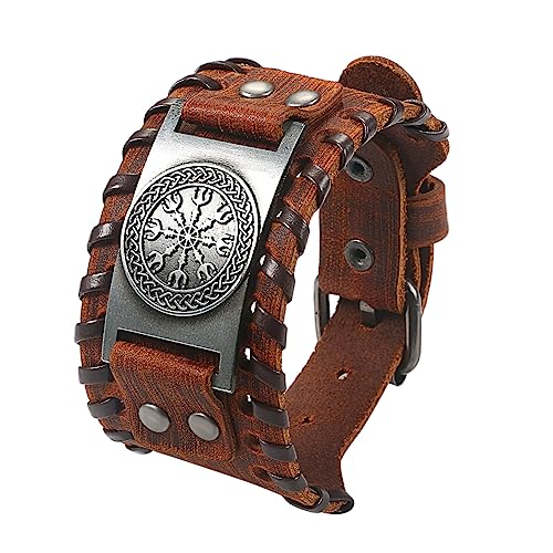 Cupimatch Herren Armband Retro Breites Metall Wikinger Armband Herren PU Leder Armband Braun Punk Style Armbänder Breiter Gürtel Manschette Armreif Rock Wrap Geschenke für Männer Junge von Cupimatch