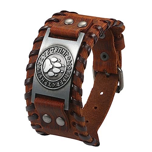 Cupimatch Herren Armband Retro Breites Metall Wikinger Armband Herren PU Leder Armband Braun Punk Style Armbänder Breiter Gürtel Manschette Armreif Rock Wrap für Männer Junge von Cupimatch