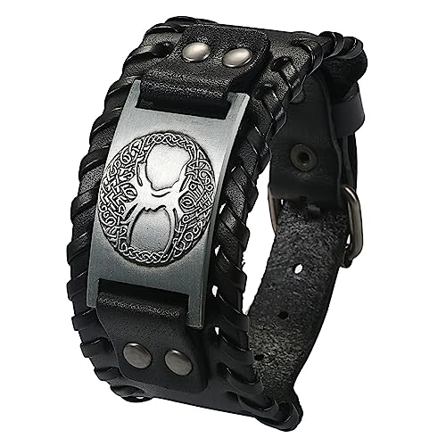 Cupimatch Herren Armband Retro Breites Metall Wikinger Armband Herren PU Leder Armband Punk Style Armbänder Breiter Gürtel Manschette Armreif Rock Wrap Bracelet für Männer Junge von Cupimatch