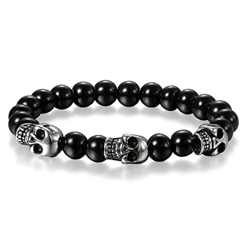 Cupimatch Herren Damen Buddha Mala Totenkopf Armband, Schädel Kugelkette Gebet Stretch Energiearmband Armschmuck Perlenarmband, schwarz silber von Cupimatch