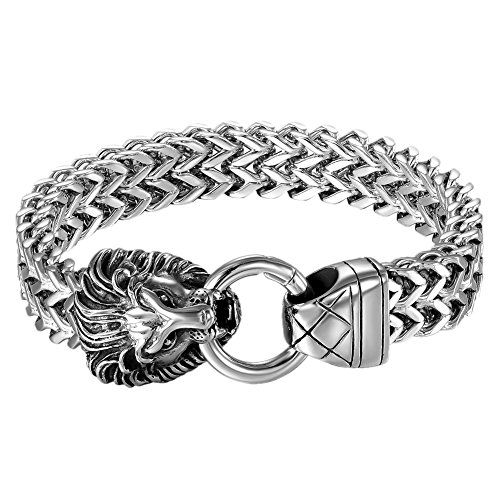 Cupimatch Herren Edelstahl Armband, Löwe Kopf Ring Breite Schwere Edelstahl Fahrradkette Biker Motorradkette Hochglanz Poliert Rock Link Königskette Panzerkette Armreif, silber schwarz von Cupimatch