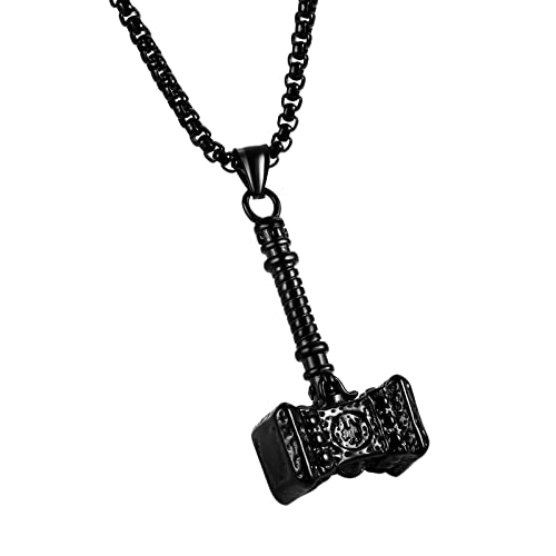 Cupimatch Herren Edelstahl Halskette, Thor Hammer Anhänger Hochglanz Poliert mit 55cm Kette, Schwarz von Cupimatch