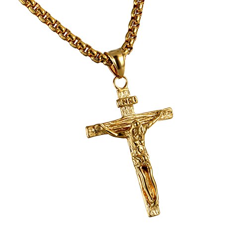 Cupimatch Herren Halskette, Exquisit Edelstahl Kruzifix Kreuz Jesus Anhänger mit 55 Kette Halsband, gold von Cupimatch