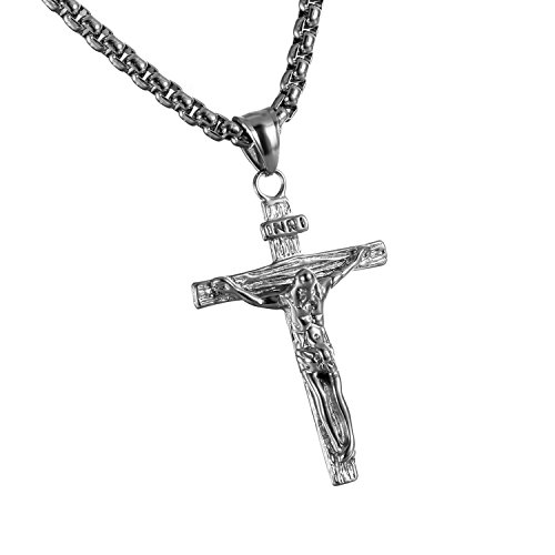 Cupimatch Herren Halskette, Exquisit Edelstahl Kruzifix Kreuz Jesus Anhänger mit 55 Kette Halsband, Silber/Schwarz von Cupimatch