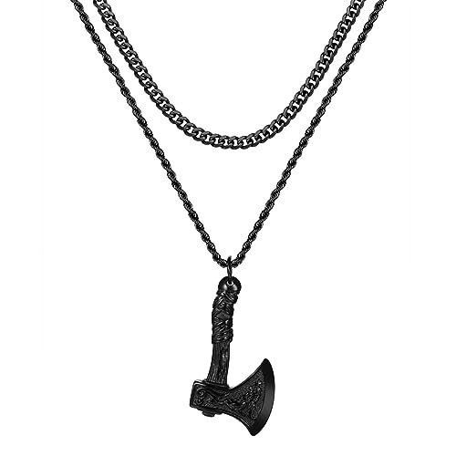 Cupimatch Herren Halsketten Edelstahl Kette Schwarz Wikinger Halskette mit Axt Anhänger 2-teilige Geschichtete Kette Wikinger Schmuck für Männer von Cupimatch