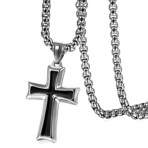 Cupimatch Herren Kreuz Halskette Edelstahl Lange Kette Anhänger 56cm, Schwarz von Cupimatch