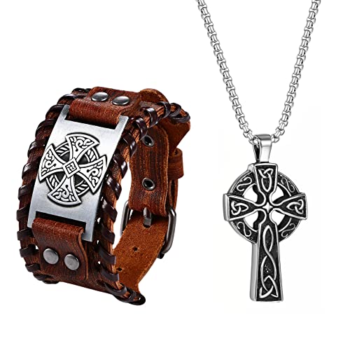 Cupimatch Herren Kreuz Kette Armband Set aus Edelstahl Halskette Ohrringe Set Gold Jesus Kreuz Anhänger Kette Schmuck Set Lederarmband Armkette Geschenk für Herren Braun von Cupimatch