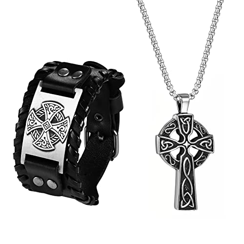 Cupimatch Herren Kreuz Kette Armband Set aus Edelstahl Halskette Ohrringe Set Gold Jesus Kreuz Anhänger Kette Schmuck Set Lederarmband Armkette Geschenk für Herren Schwarz von Cupimatch