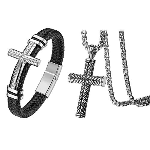 Cupimatch Herren Kreuz Kette Armband mit Magnet Verschluss Schwarz Armreif Halskette Schmuckset Männer Kreuz Lederarmband 8.26"(21cm) Halskette 24" von Cupimatch