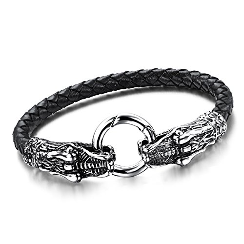 Cupimatch Herren Lederarmband, Edelstahl Gotik Drachen Kopf Anhänger geflochten Manschette Kordelkette Ring Armband Armreif, silber schwarz von Cupimatch