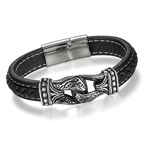 Cupimatch Herren Lederarmband, Edelstahl Retro Totem Anhänger geflochten Manschette Kordelkette Lederband Armband Armreif mit Magnet Verschluss, silber schwarz von Cupimatch