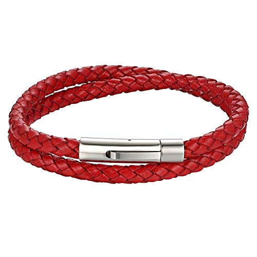 Cupimatch Herren Lederarmband, Leder Kordelkette Geflochten Armband Wickelarmbänder mit Edelstahl Magnetverschluss - zum zweimaligen Umwickeln, Rot von Cupimatch
